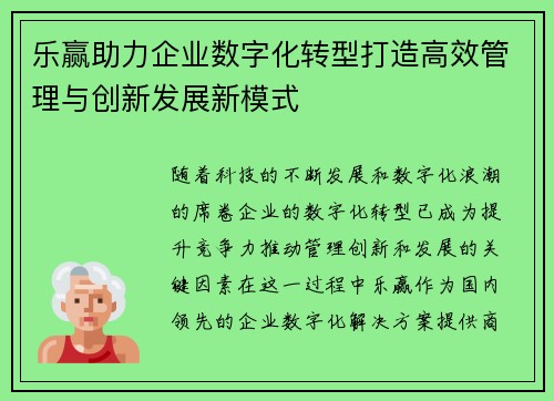 乐赢助力企业数字化转型打造高效管理与创新发展新模式